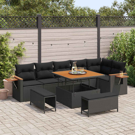 Set Divano da Giardino 9 pcs Nero polyrattan