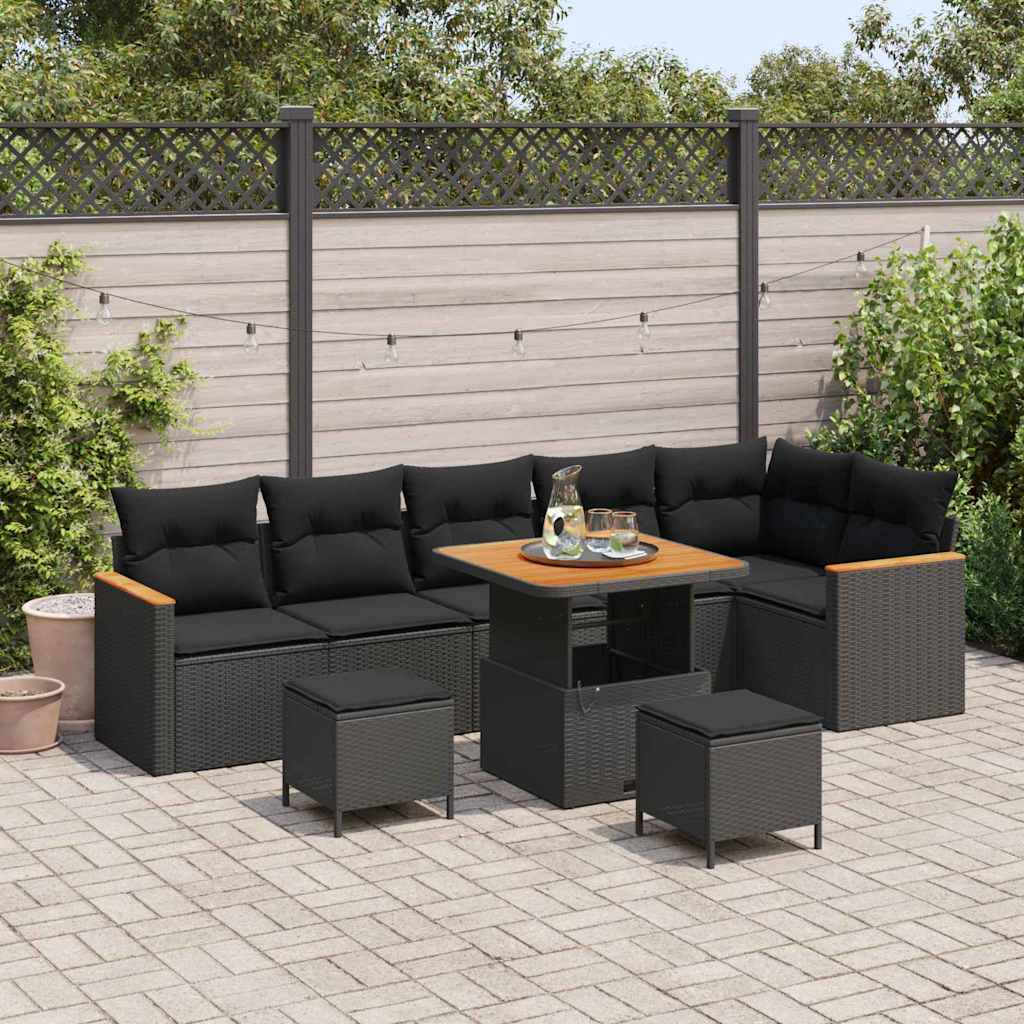 Set Divano da Giardino con cuscino 9 pcs Nero Poly Rattan