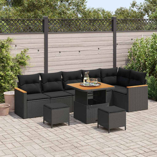 Set Divano da Giardino con cuscino 9 pcs Nero Poly Rattan