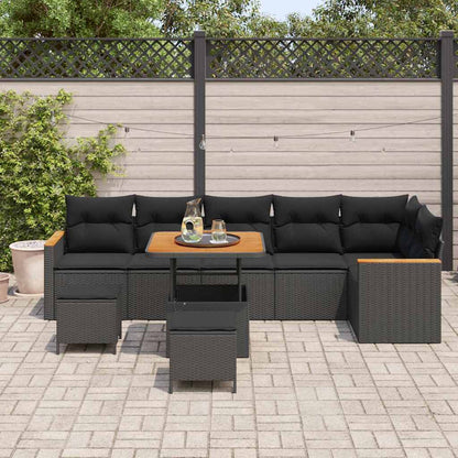 Set Divano da Giardino con cuscino 9 pcs Nero Poly Rattan