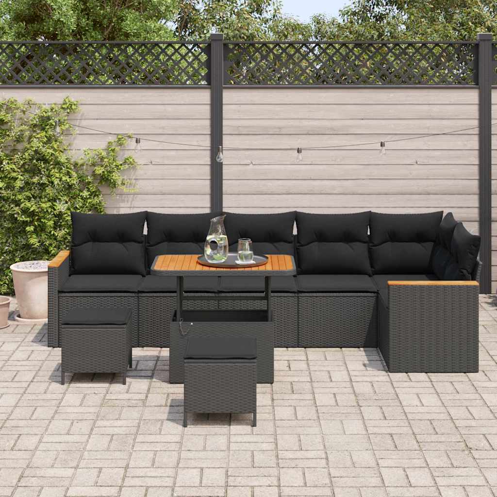 Set Divano da Giardino con cuscino 9 pcs Nero Poly Rattan