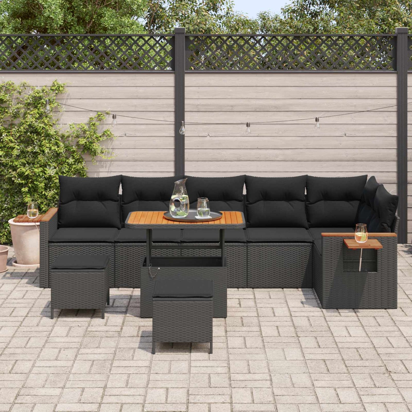 Set Divano da Giardino 9 pz Nero polyrattan