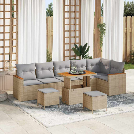 Set Divano da Giardino con cuscino 9 pcs Beige Poly Rattan - homemem39