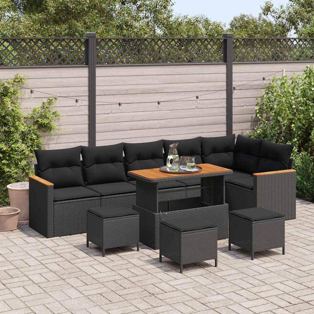 Set Divano da Giardino con cuscino 10 pcs Nero Poly Rattan