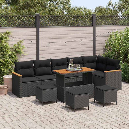 Set Divano da Giardino con cuscino 10 pcs Nero Poly Rattan