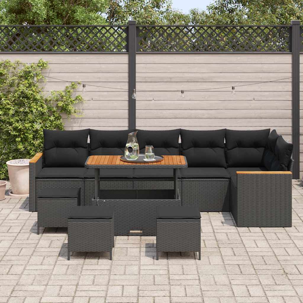 Set Divano da Giardino con cuscino 10 pcs Nero Poly Rattan