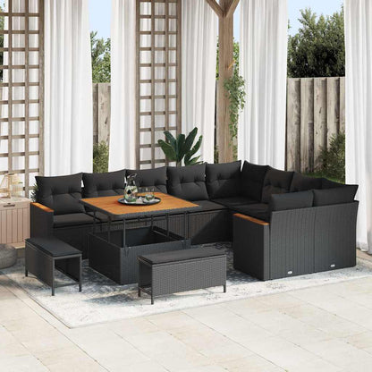 Set Divano da Giardino con cuscino 12 pcs Nero Poly Rattan