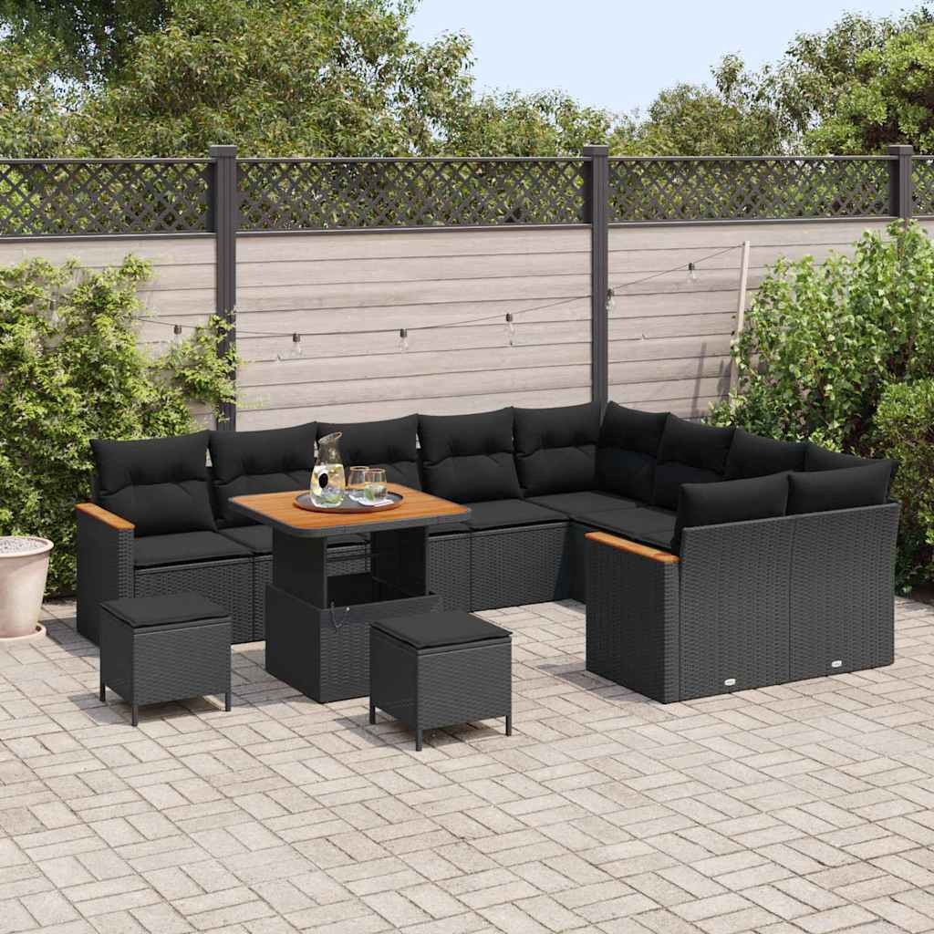 Set Divano da Giardino con cuscino 12 pcs Nero Poly Rattan