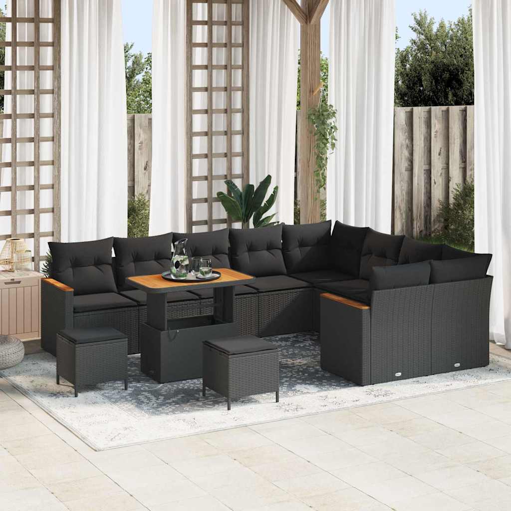 Set Divano da Giardino con cuscino 12 pcs Nero Poly Rattan