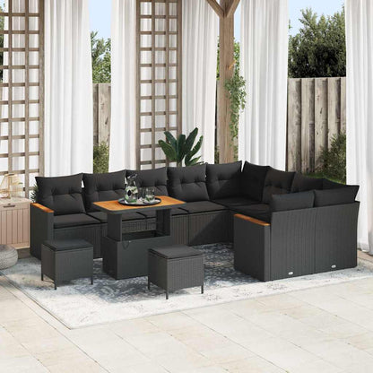 Set Divano da Giardino con cuscino 12 pcs Nero Poly Rattan