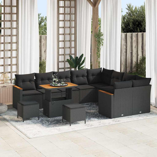 Set Divano da Giardino con cuscino 12 pcs Nero Poly Rattan