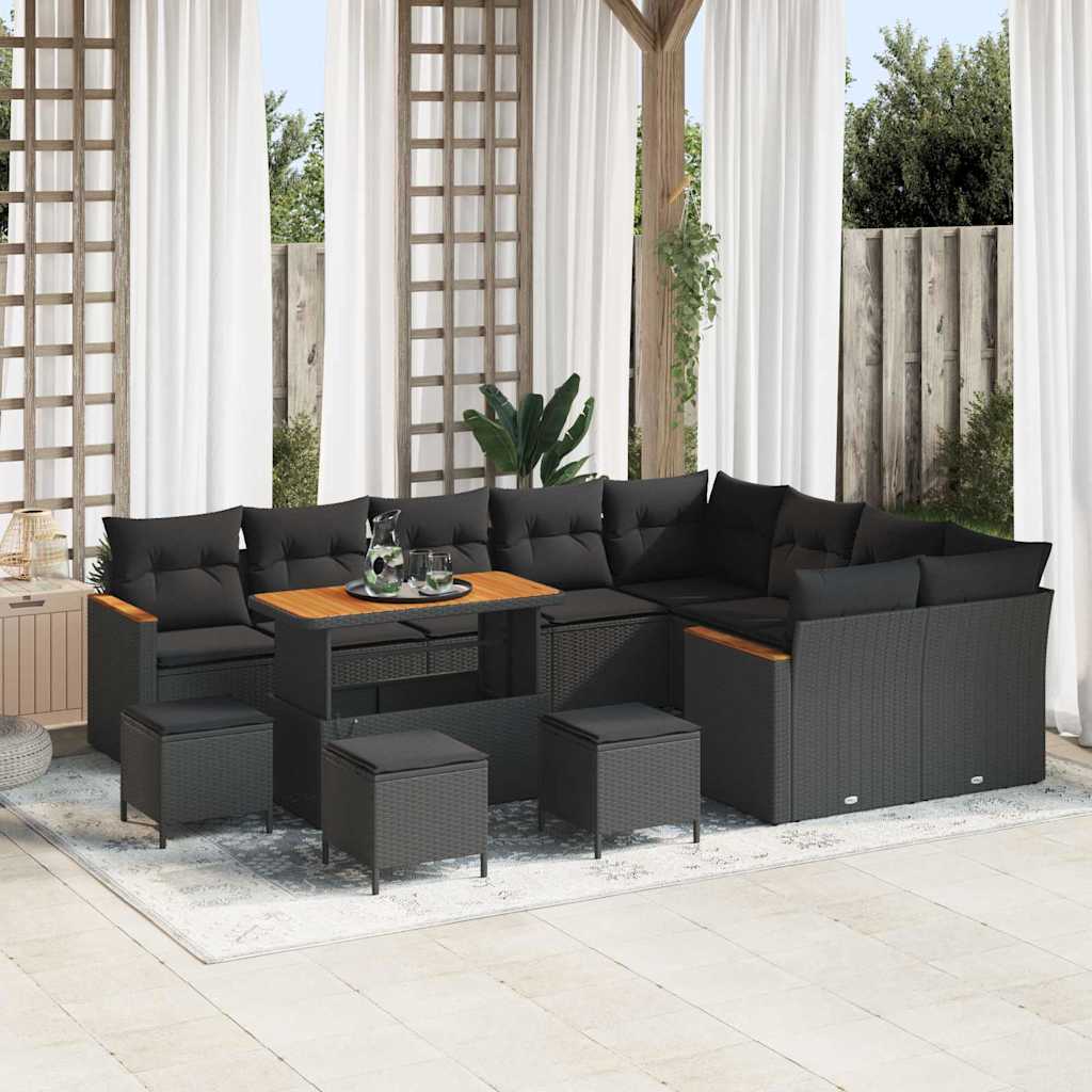 Set Divano da Giardino con cuscino 13 pcs Nero Poly Rattan