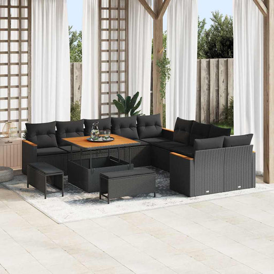 Set Divano da Giardino con cuscino 13 pcs Nero Poly Rattan