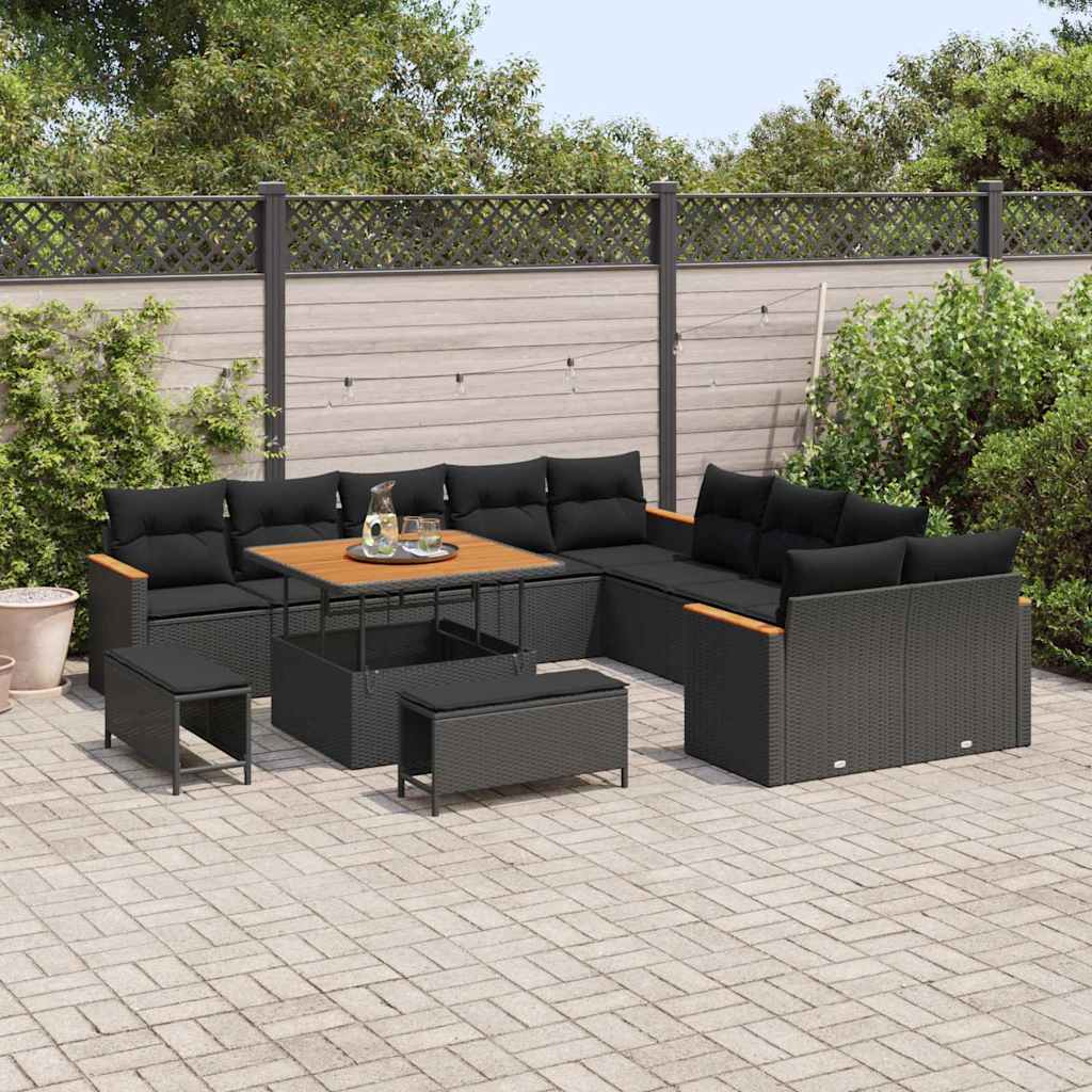 Set Divano da Giardino con cuscino 13 pcs Nero Poly Rattan