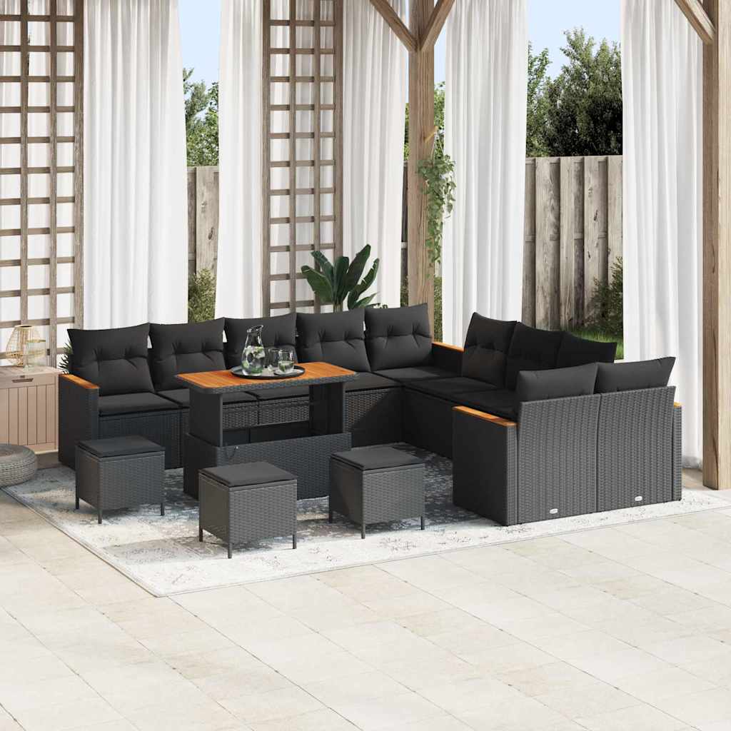 Set Divano da Giardino con cuscino 14 pcs Nero Poly Rattan