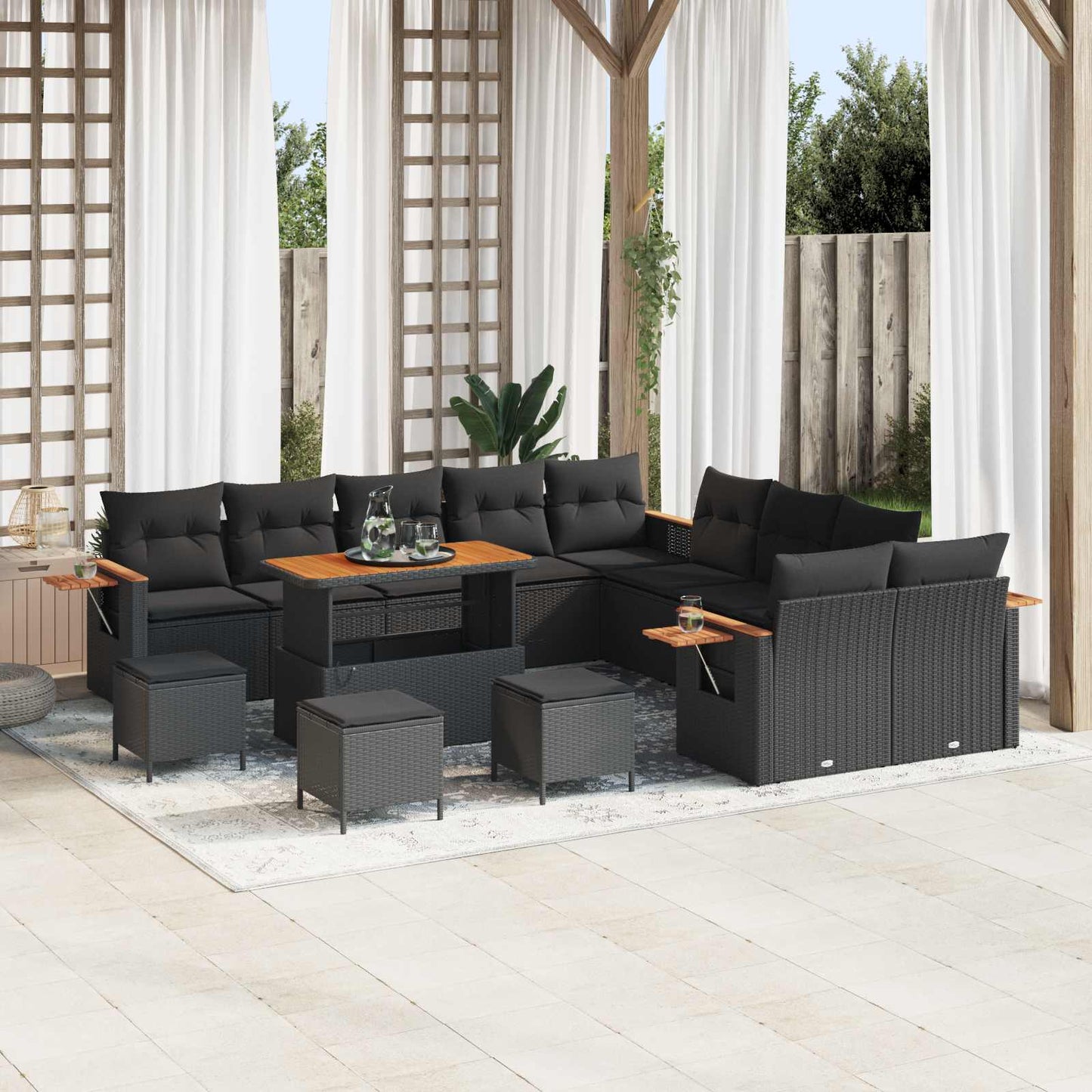 Set Divano da Giardino 14 pz Nero polyrattan