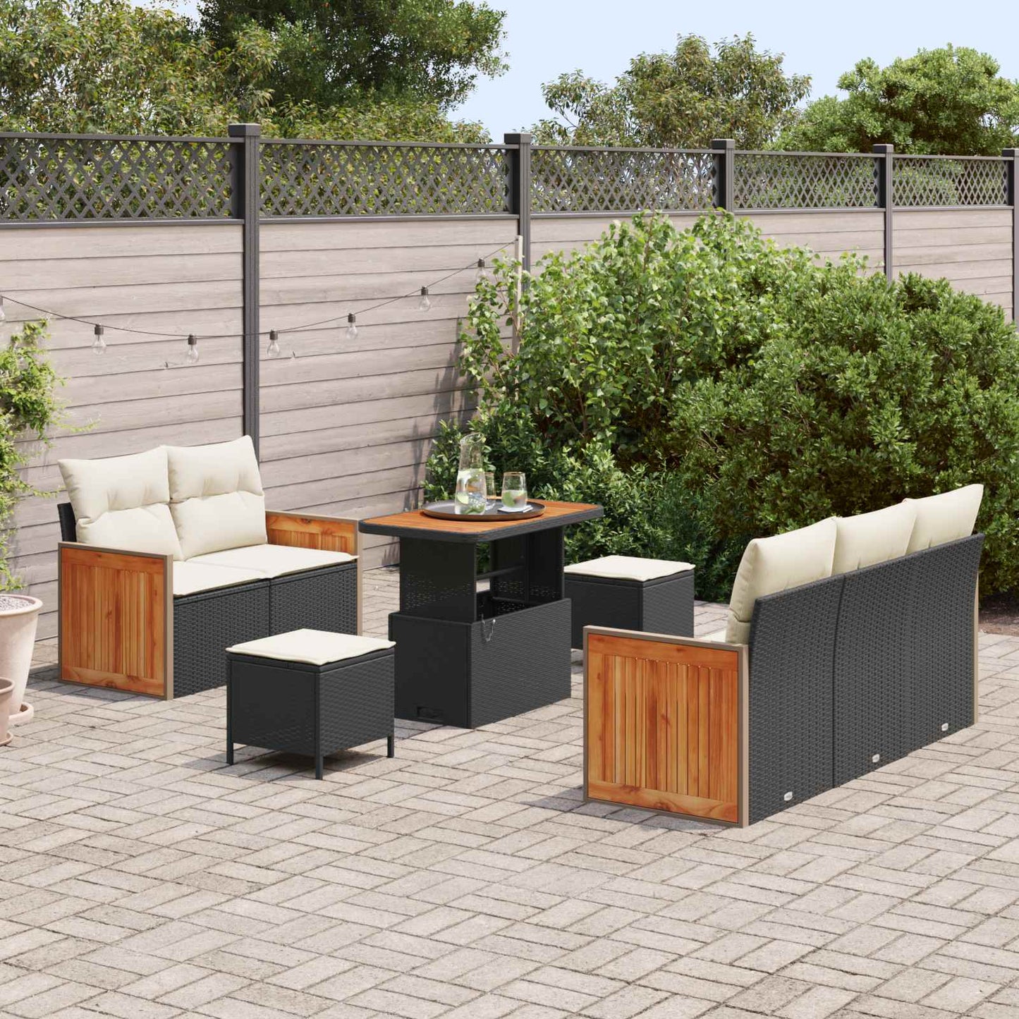 Set Divano da Giardino con cuscino 8 pcs Nero e Crema | homemem39