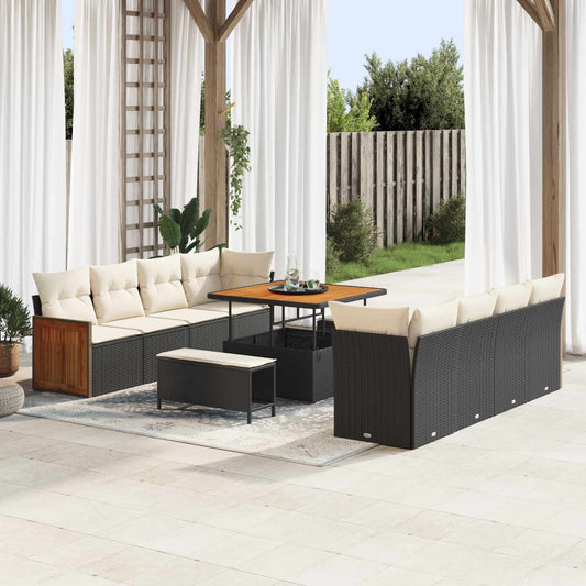 Set Divano da Giardino con cuscino 11 pcs Nero e Crema