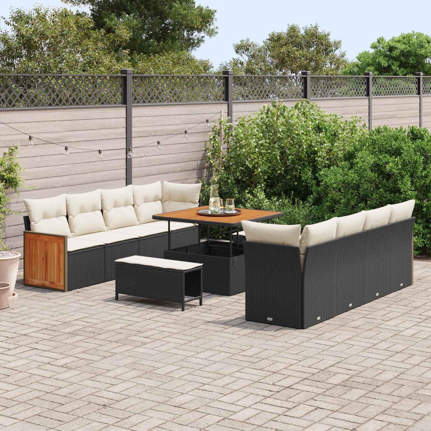 Set Divano da Giardino con cuscino 11 pcs Nero e Crema | homemem39
