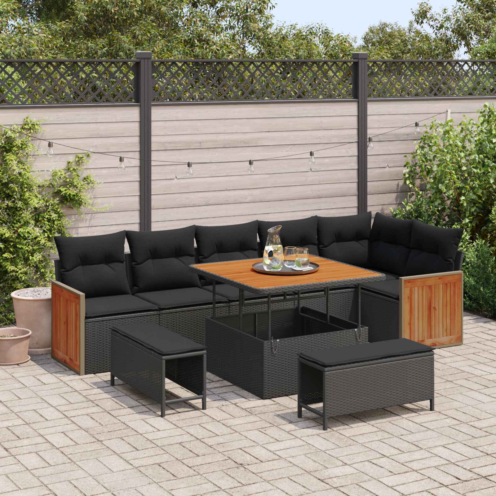 Set Divano da Giardino con cuscino 9 pcs Nero | homemem39