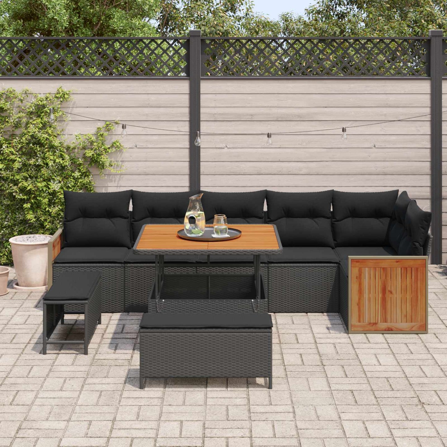 Set Divano da Giardino con cuscino 9 pcs Nero | homemem39