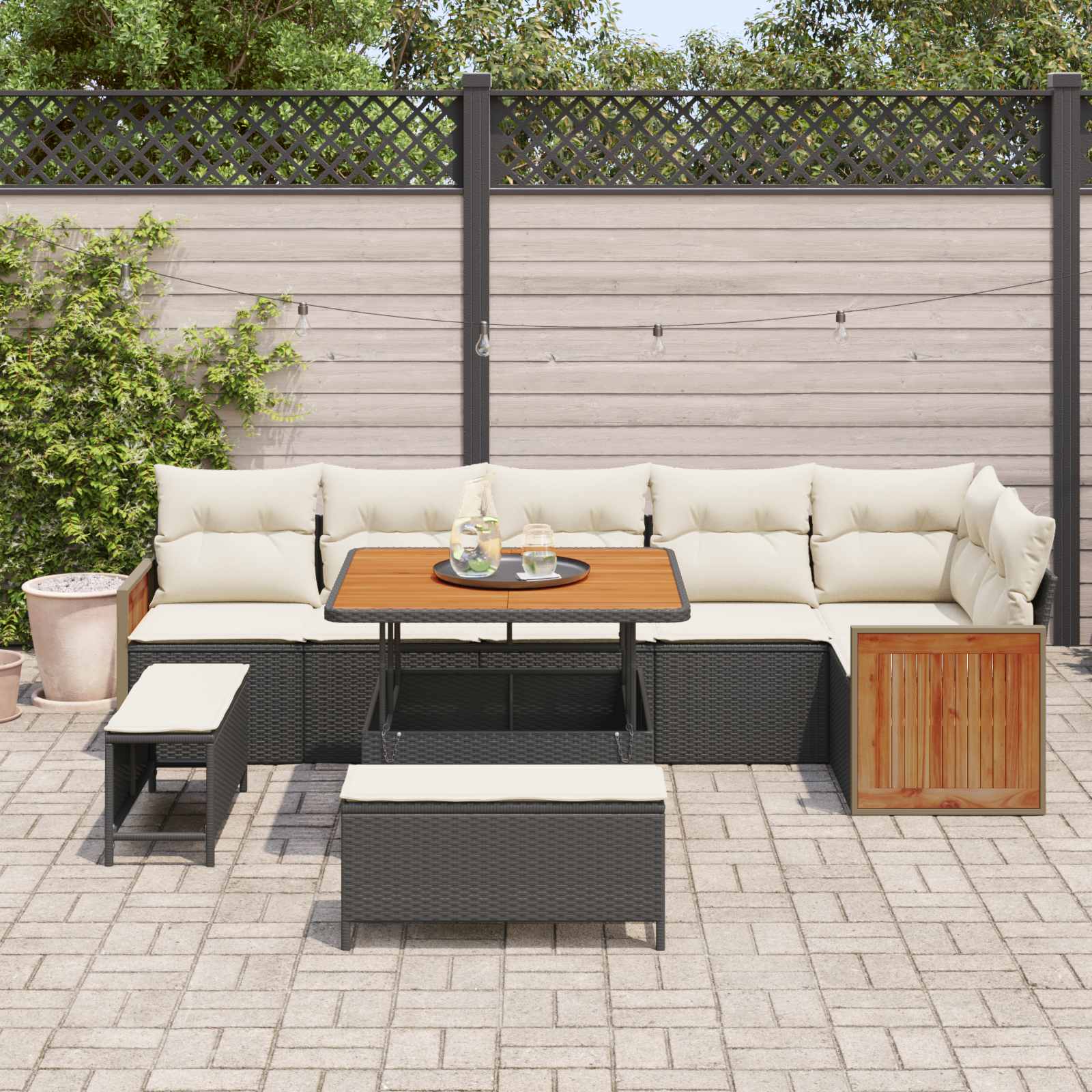 Set Divano da Giardino con cuscino 9 pcs Nero e Crema | homemem39