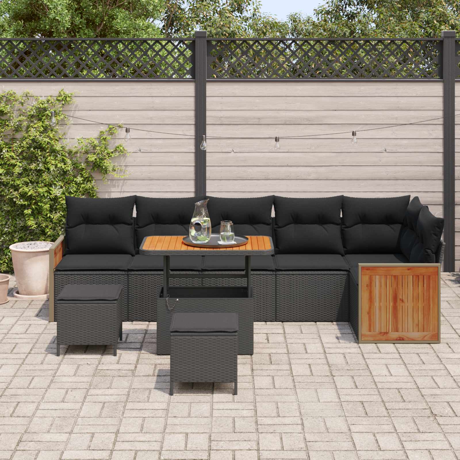 Set Divano da Giardino con cuscino 9 pcs Nero | homemem39