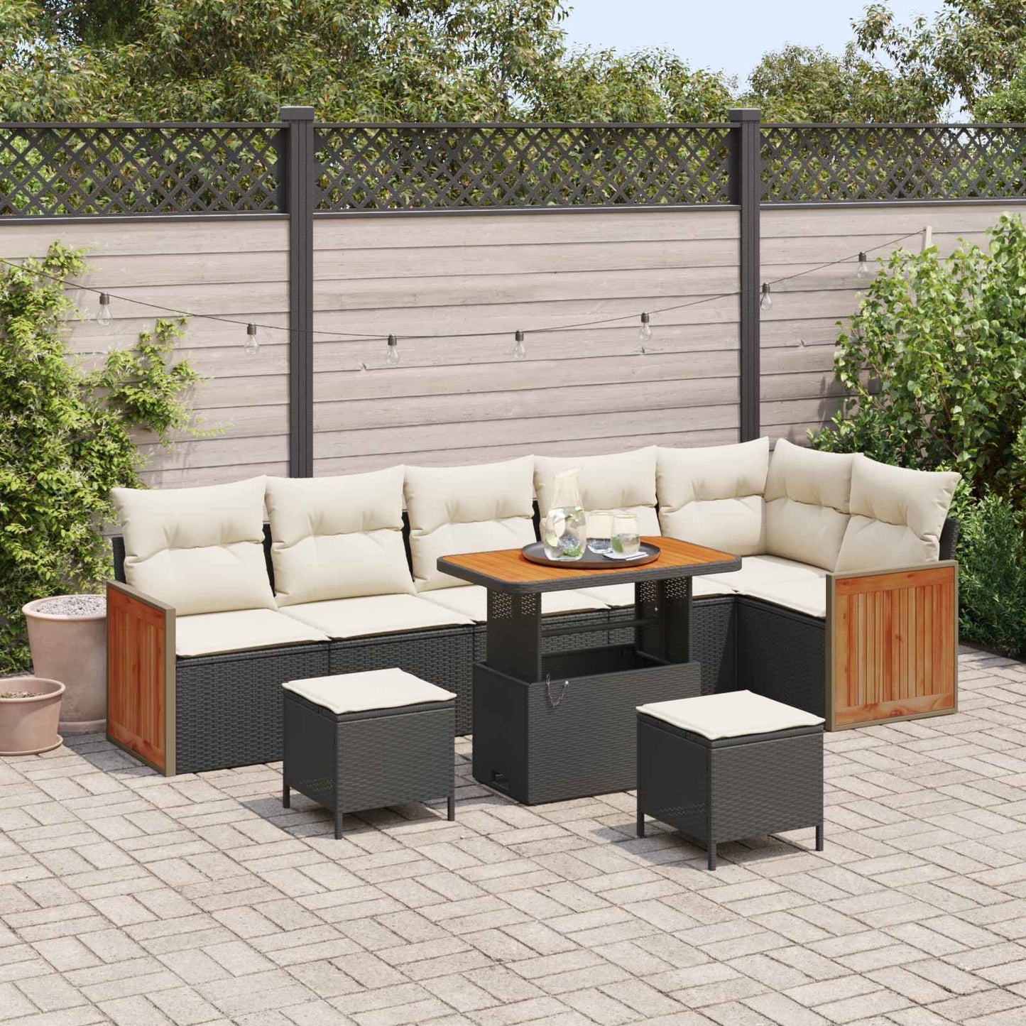Set Divano da Giardino con cuscino 9 pcs Nero e Crema | homemem39