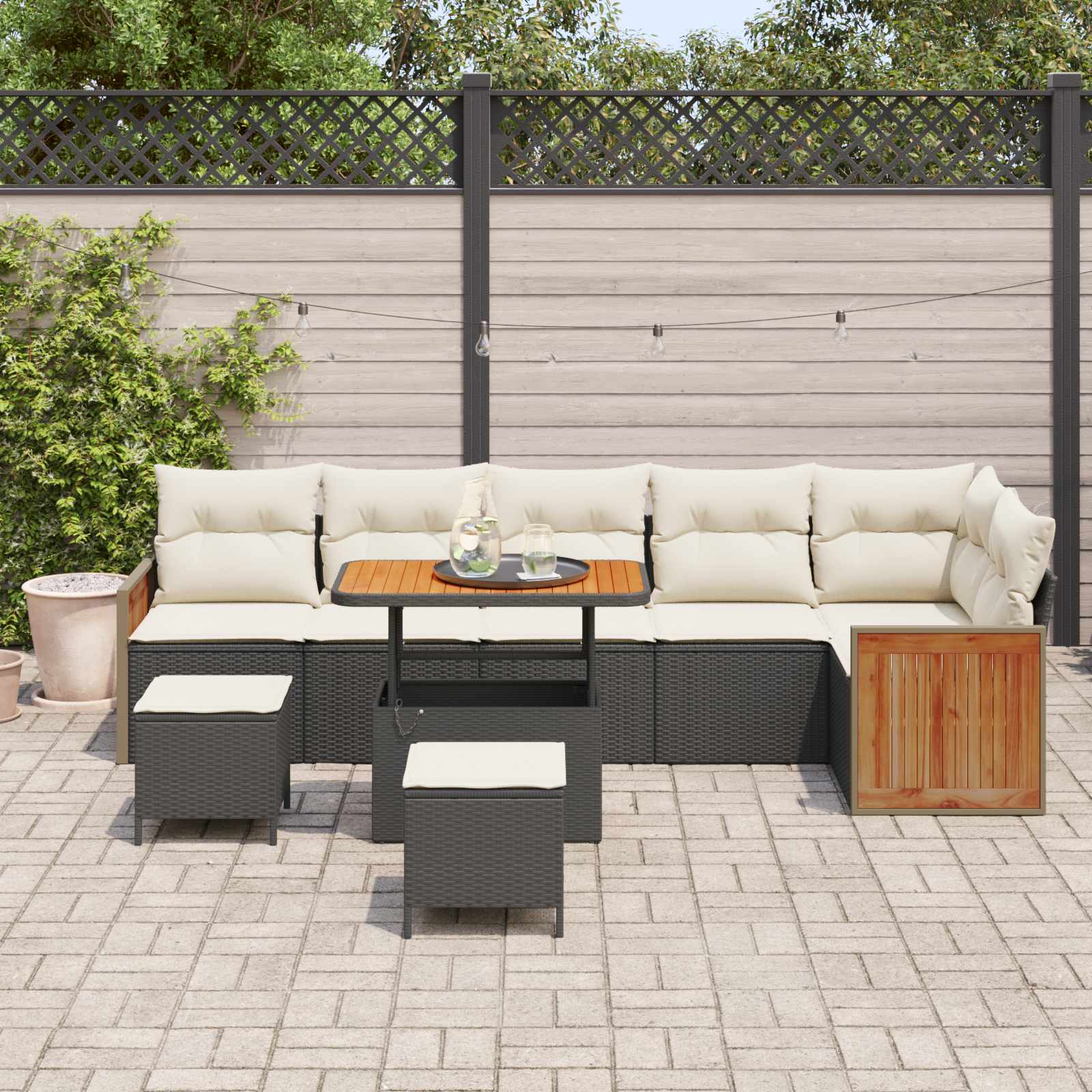 Set Divano da Giardino con cuscino 9 pcs Nero e Crema | homemem39