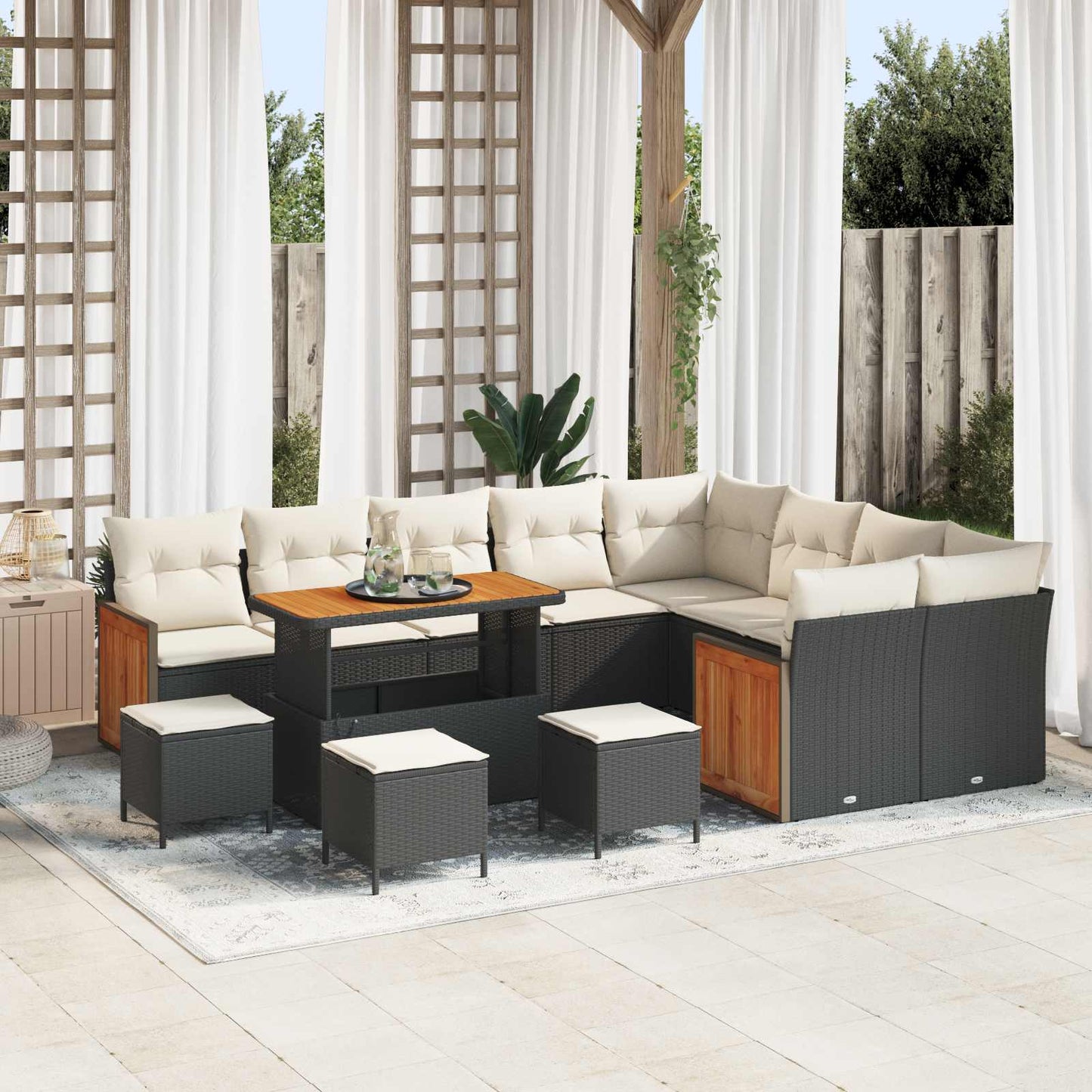 Set Divano da Giardino con cuscino 13 pcs Nero e Crema