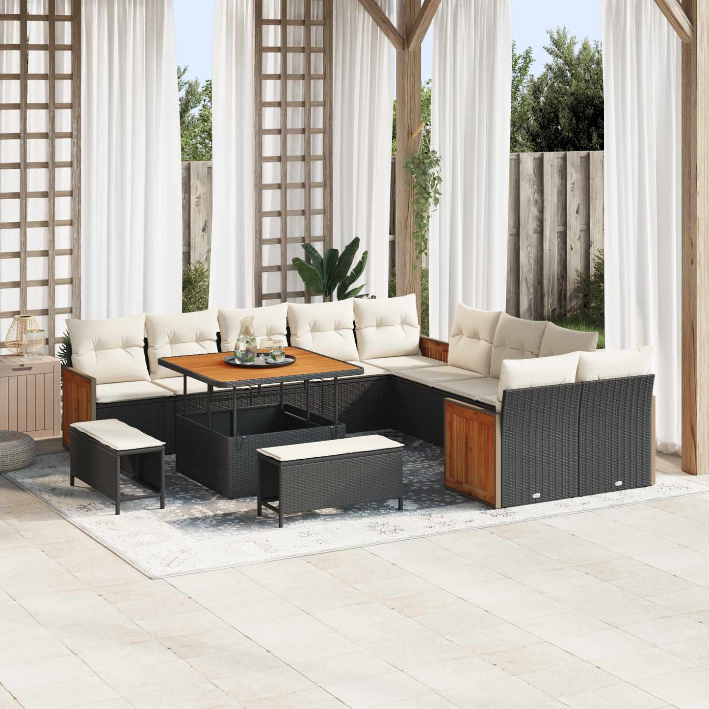 Set Divano da Giardino 13 pz 13-Numero di posti Nero e Crema