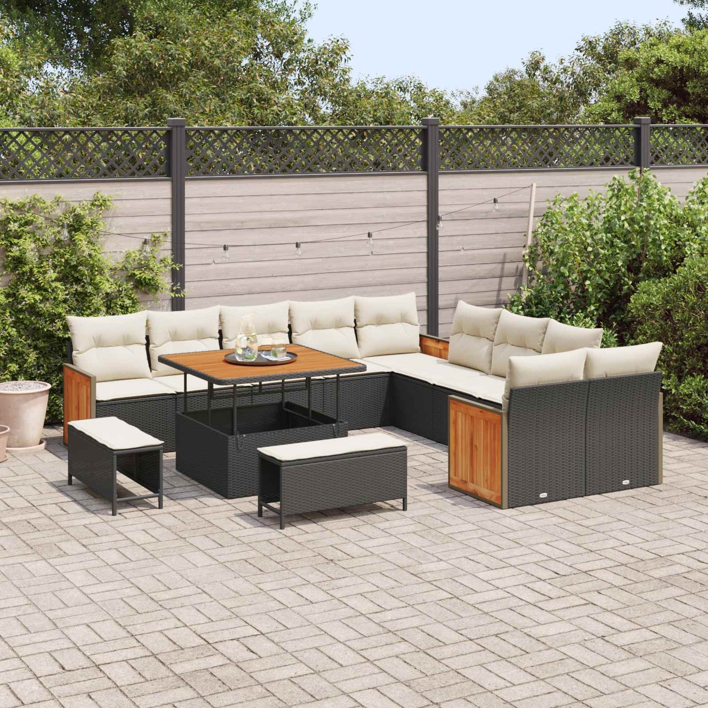 Set Divano da Giardino 13 pz 13-Numero di posti Nero e Crema