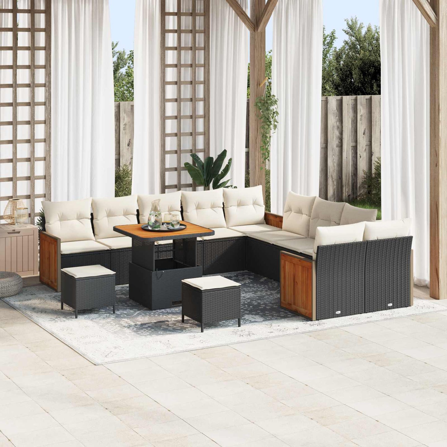 Set Divano da Giardino 13 pz 13-Numero di posti Nero e Crema