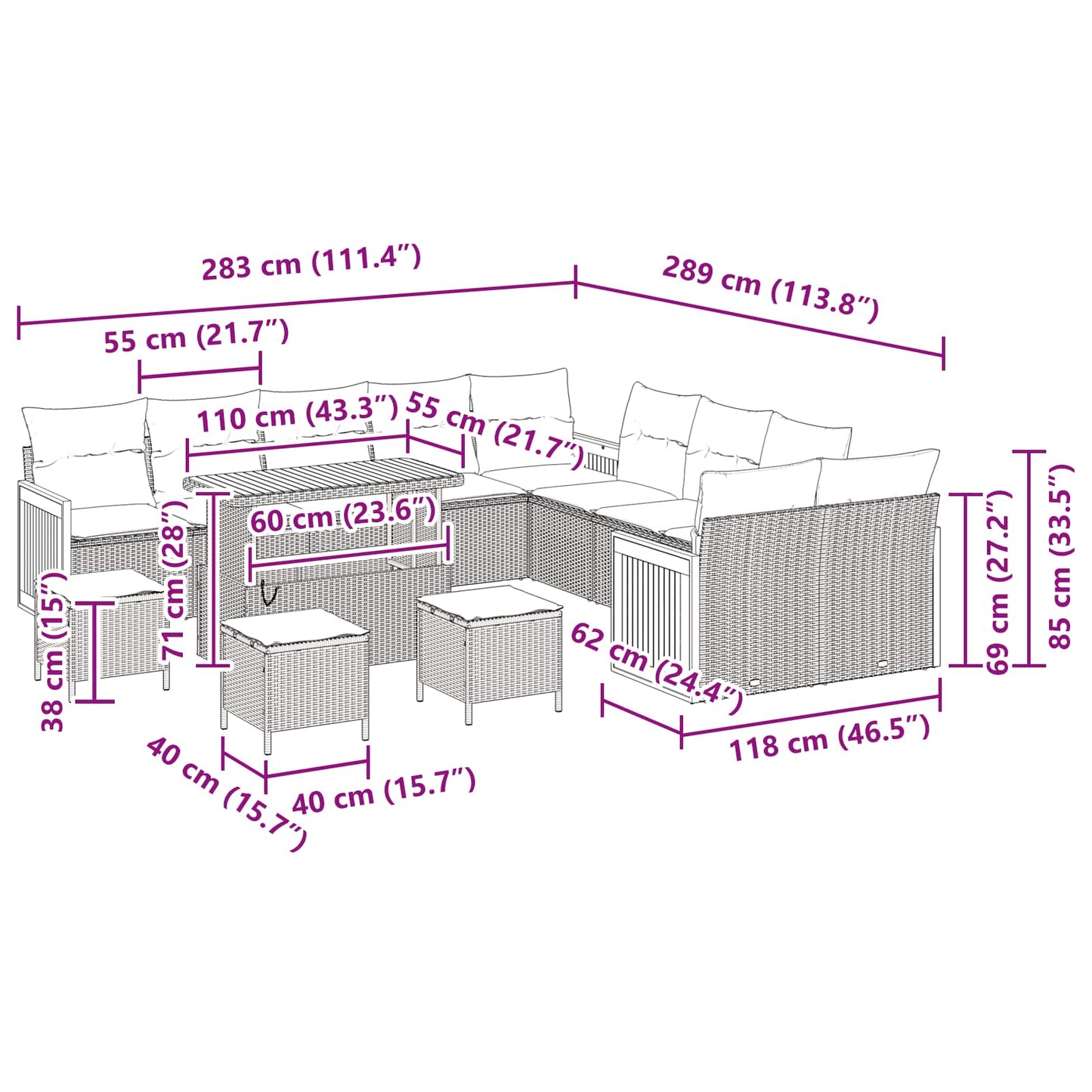 Set Divano da Giardino con cuscino 14 pcs Nero | homemem39