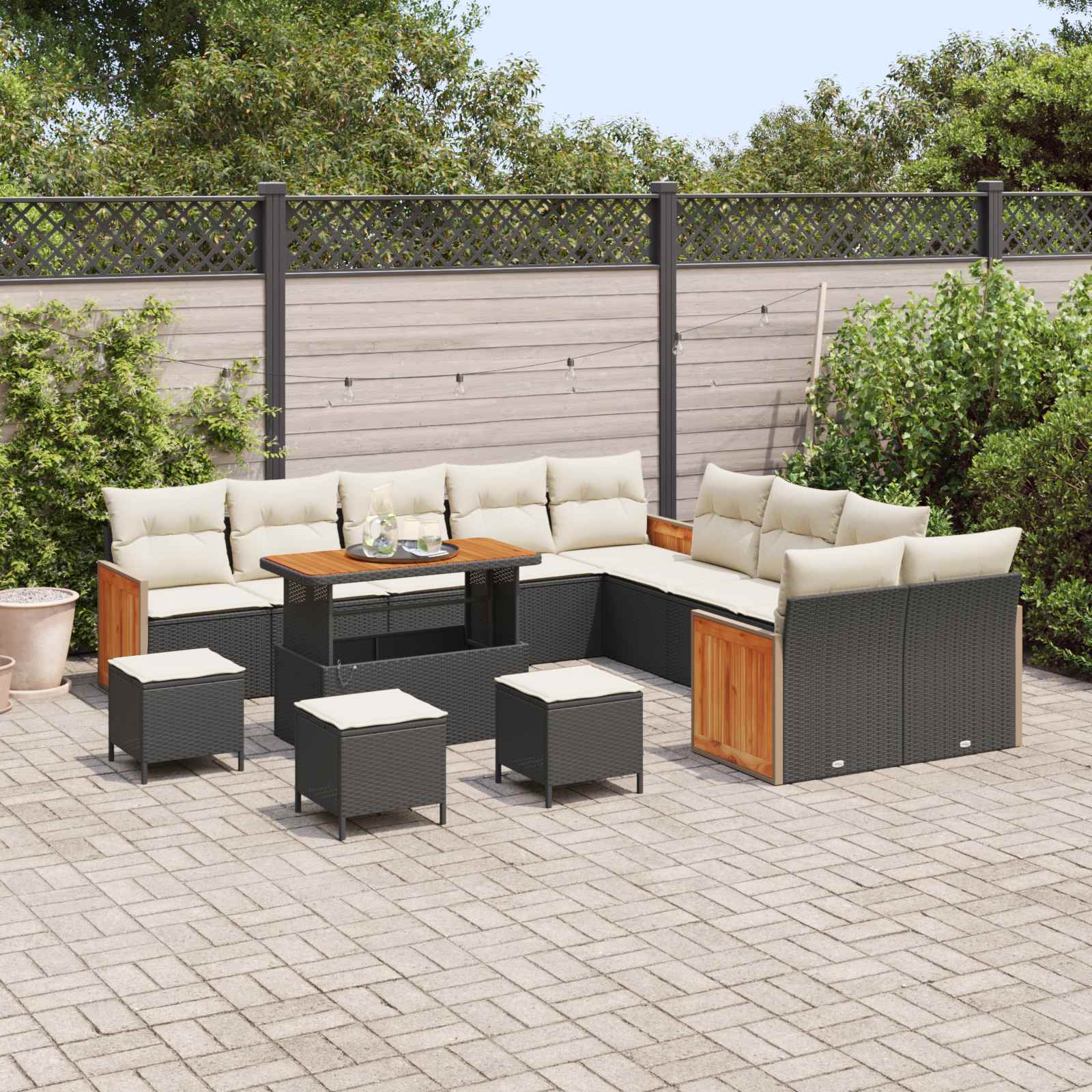 Set Divano da Giardino con cuscino 14 pcs Nero e Crema | homemem39