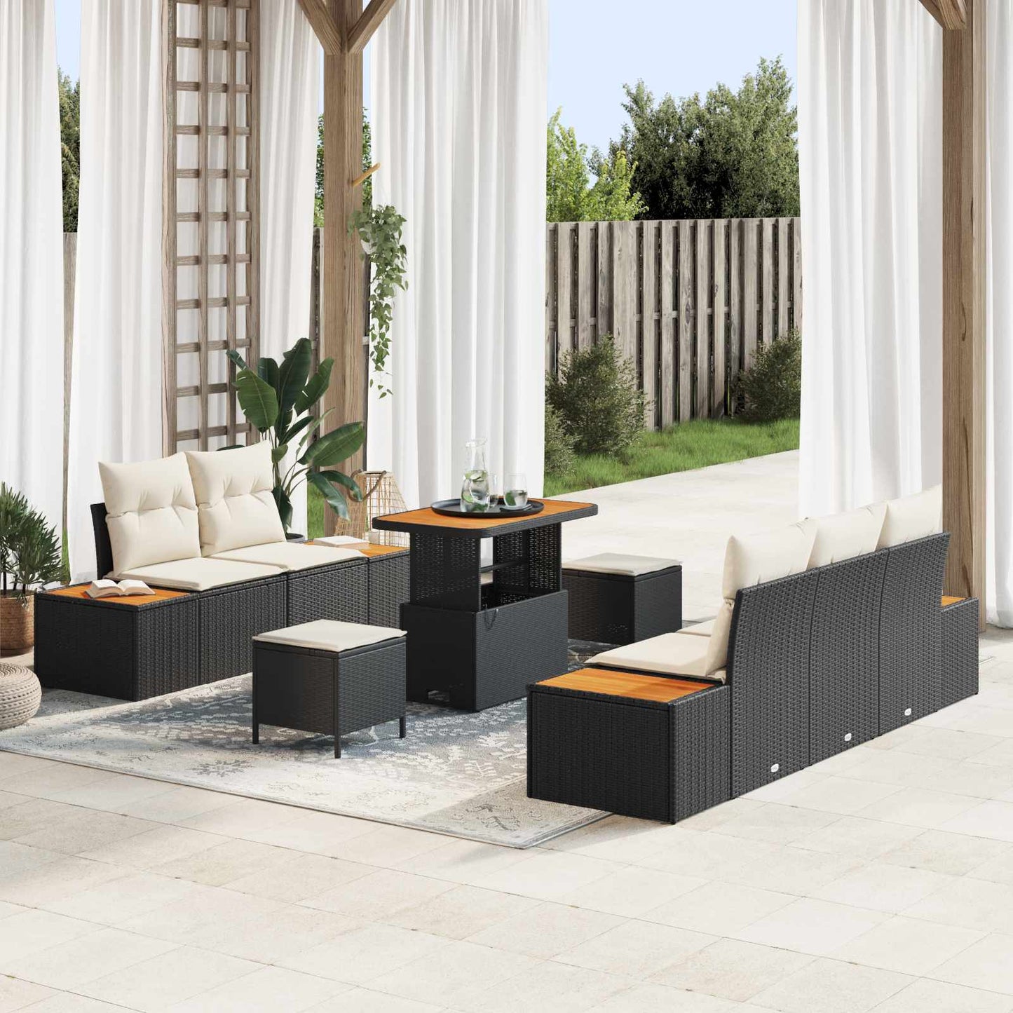 Set Divano da Giardino con cuscino 8 pcs Nero e Crema | homemem39