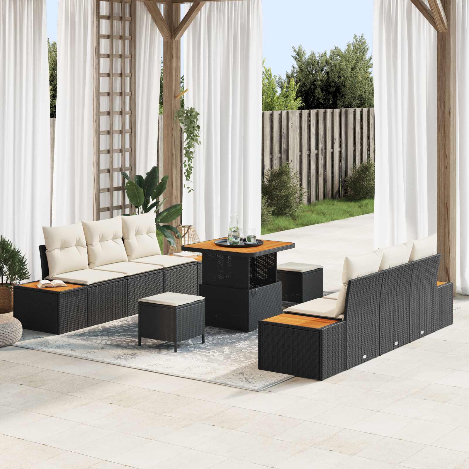 Set Divano da Giardino con cuscino 9 pcs Nero e Crema | homemem39
