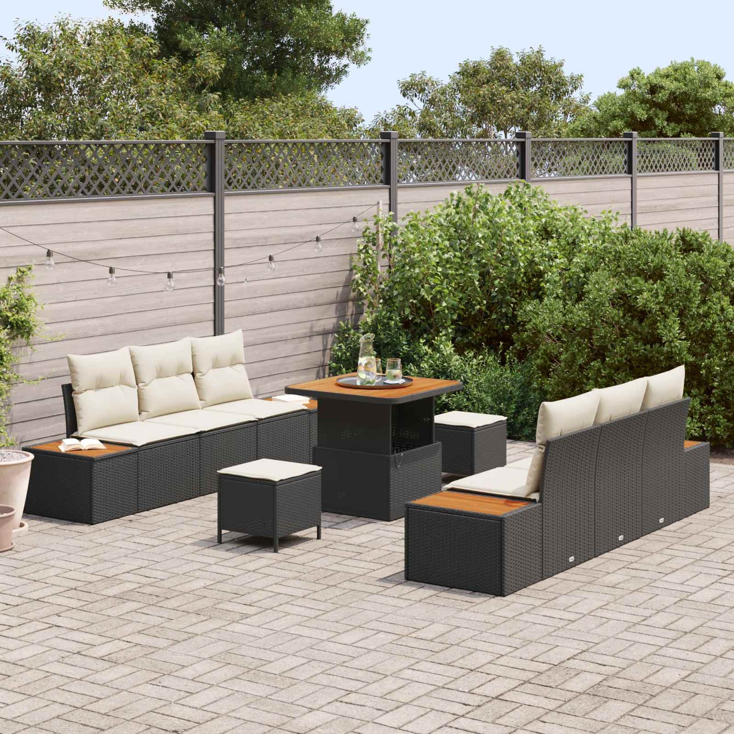 Set Divano da Giardino con cuscino 9 pcs Nero e Crema | homemem39