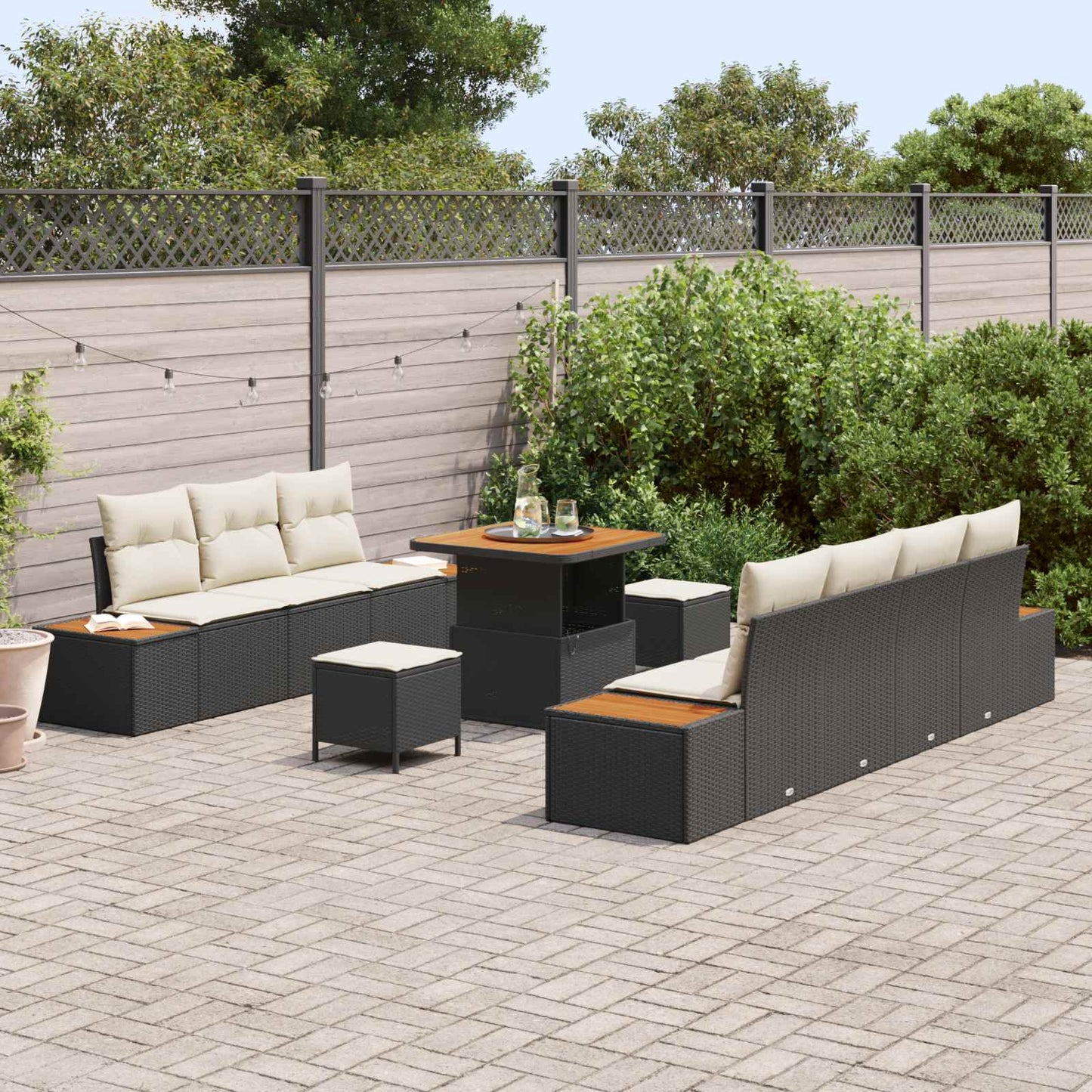 Set Divano da Giardino con cuscino 10 pcs Nero e Crema | homemem39