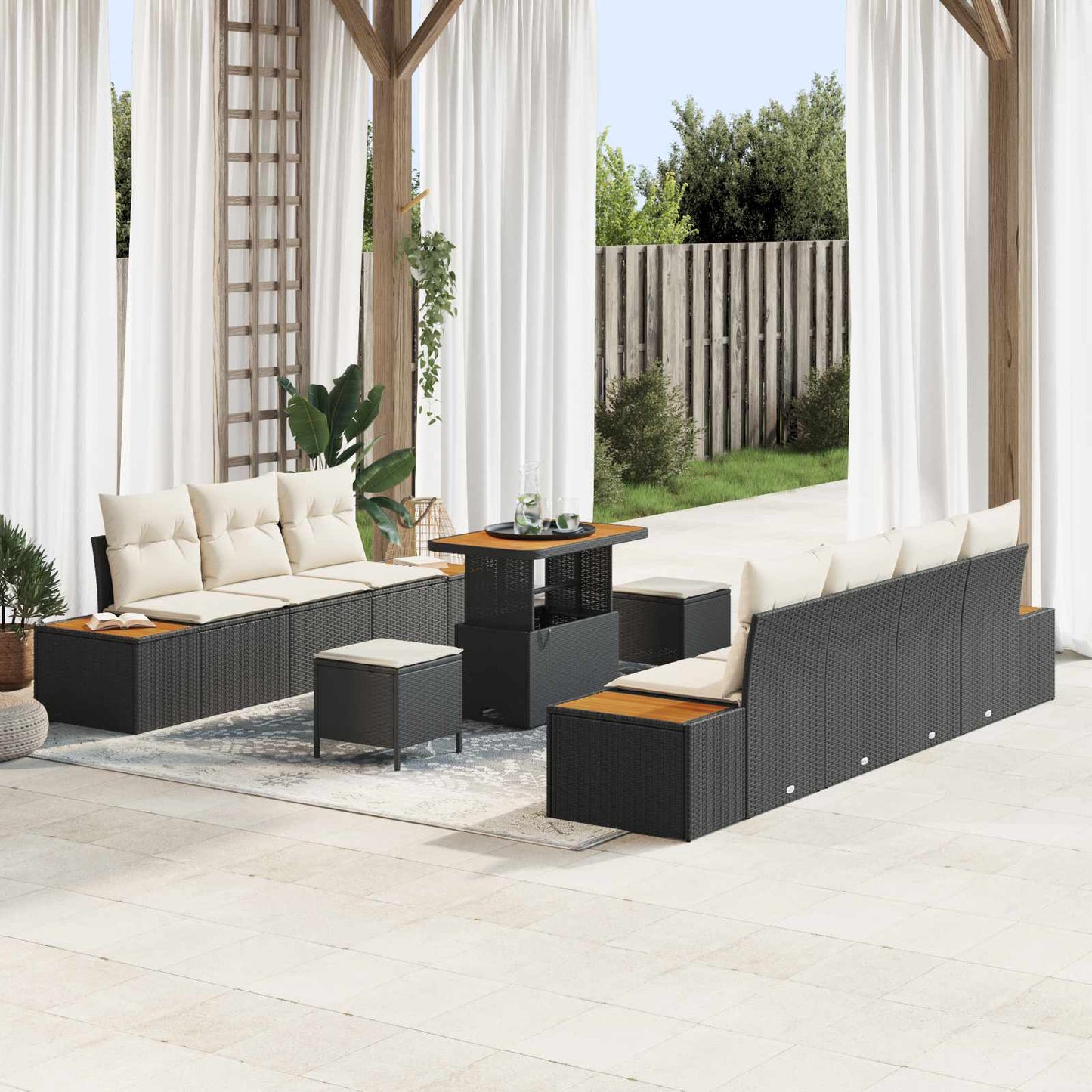 Set Divano da Giardino con cuscino 10 pcs Nero e Crema | homemem39