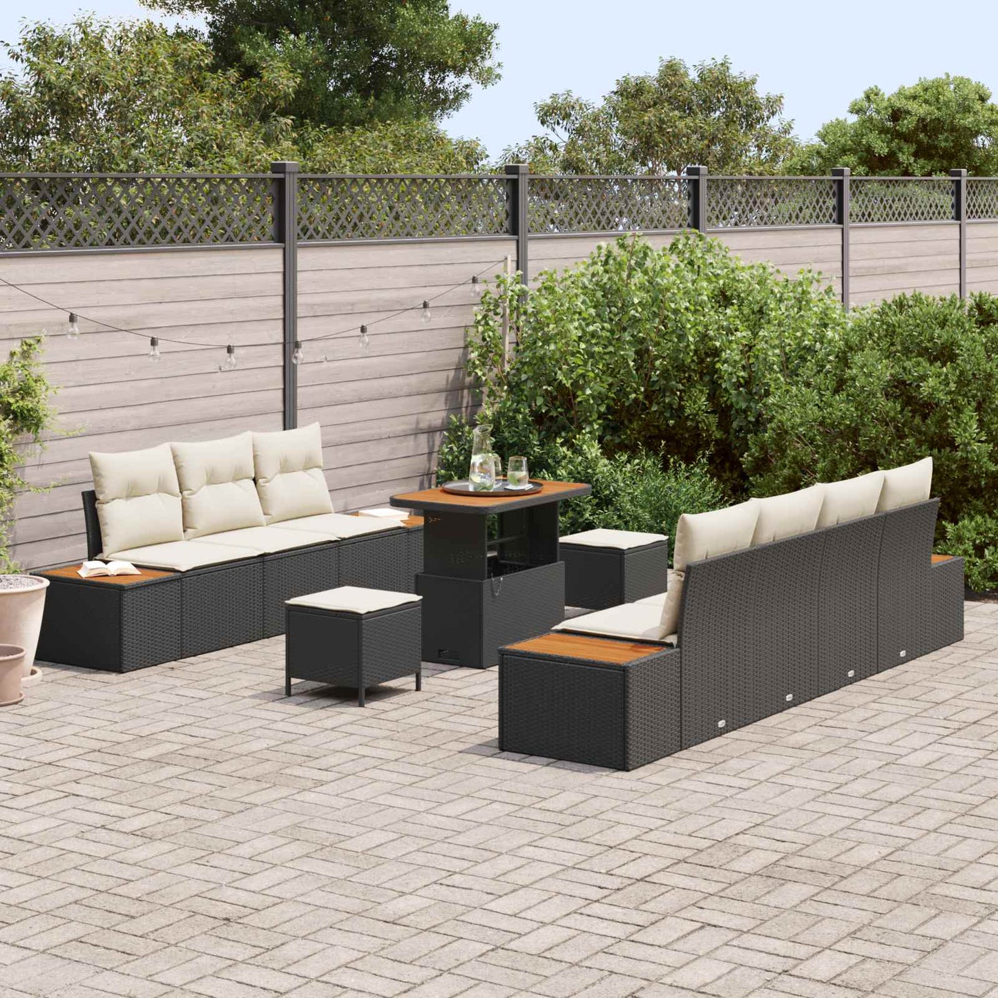 Set Divano da Giardino con cuscino 10 pcs Nero e Crema | homemem39