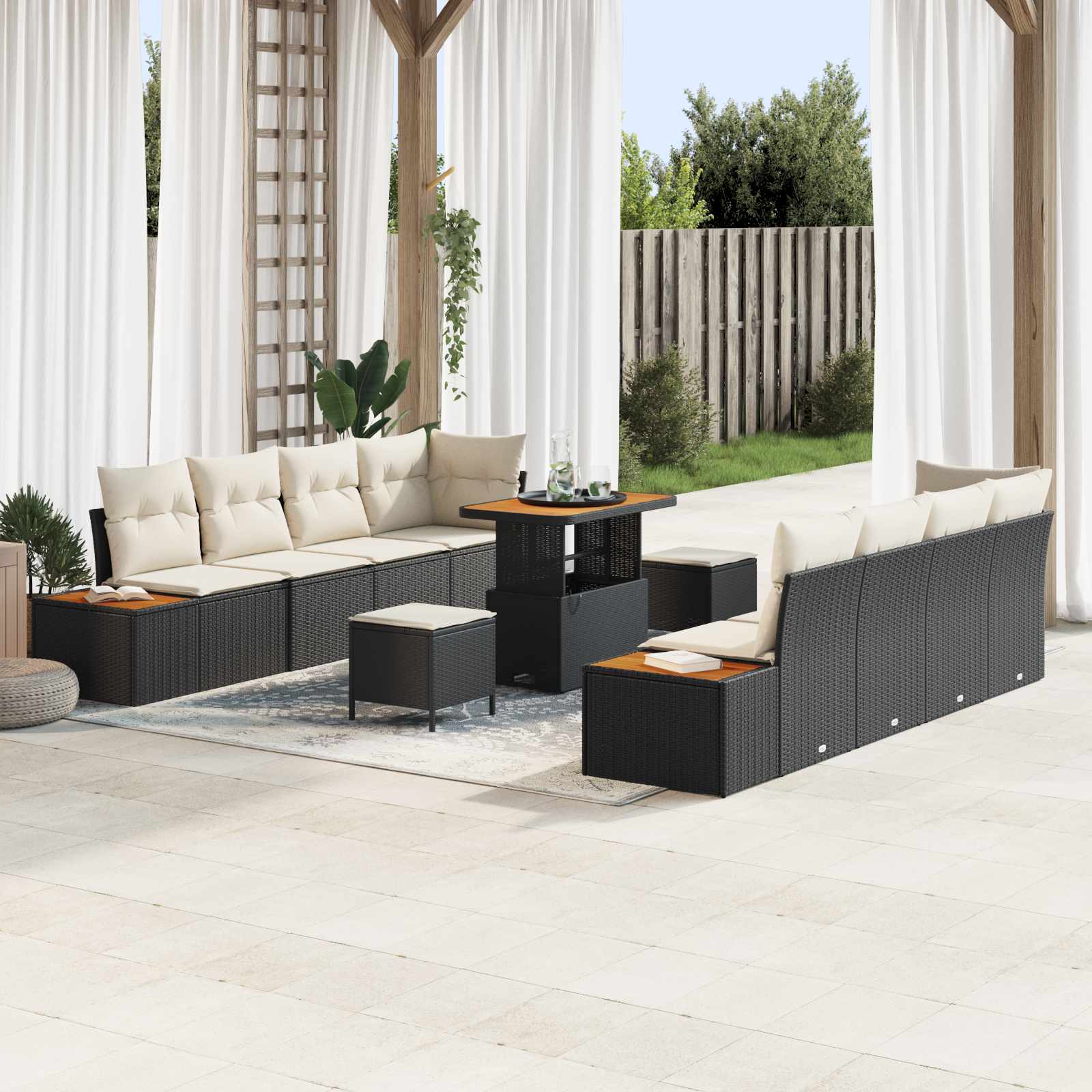 Set Divano da Giardino con cuscino 11 pcs Nero e Crema | homemem39