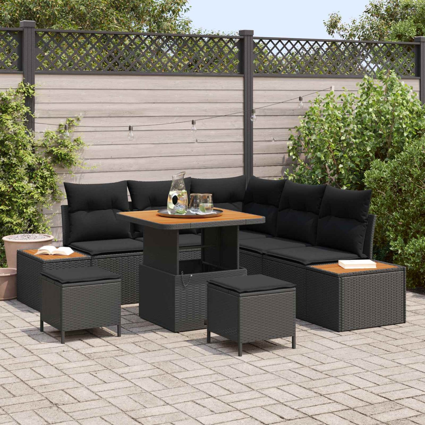 Set Divano da Giardino con cuscino 8 pcs Nero | homemem39