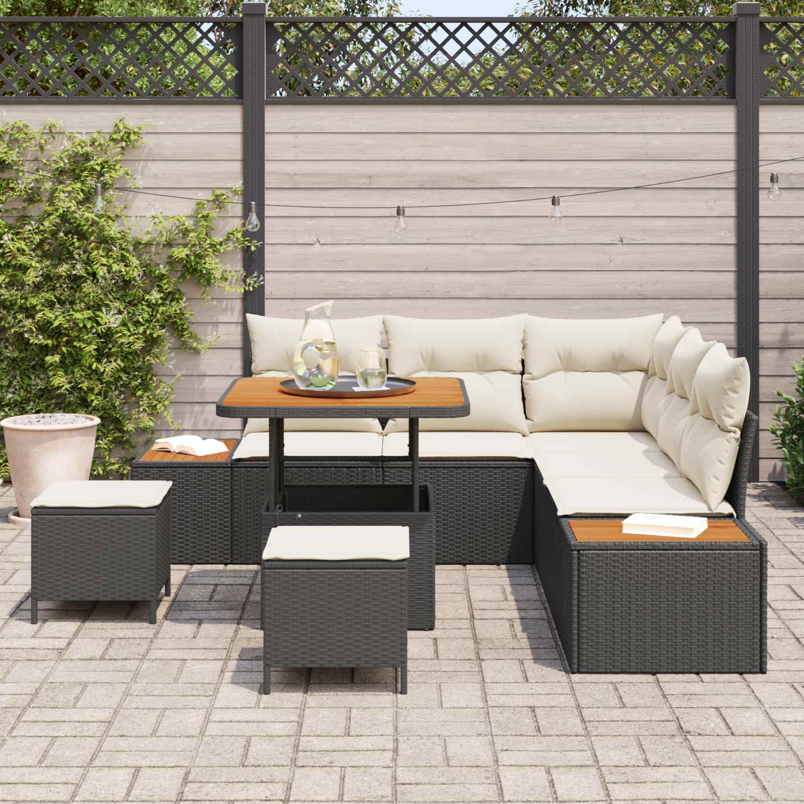 Set Divano da Giardino con cuscino 8 pcs Nero e Crema | homemem39