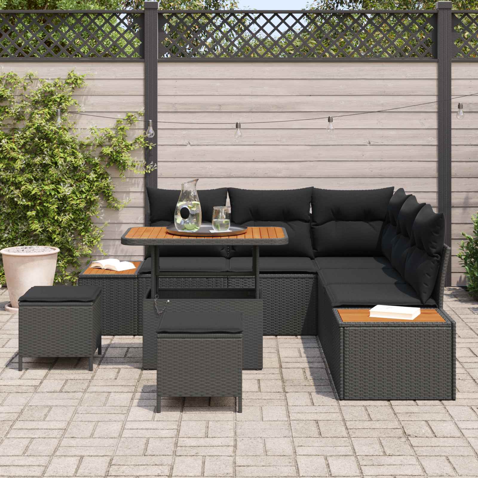 Set Divano da Giardino con cuscino 8 pcs Nero | homemem39