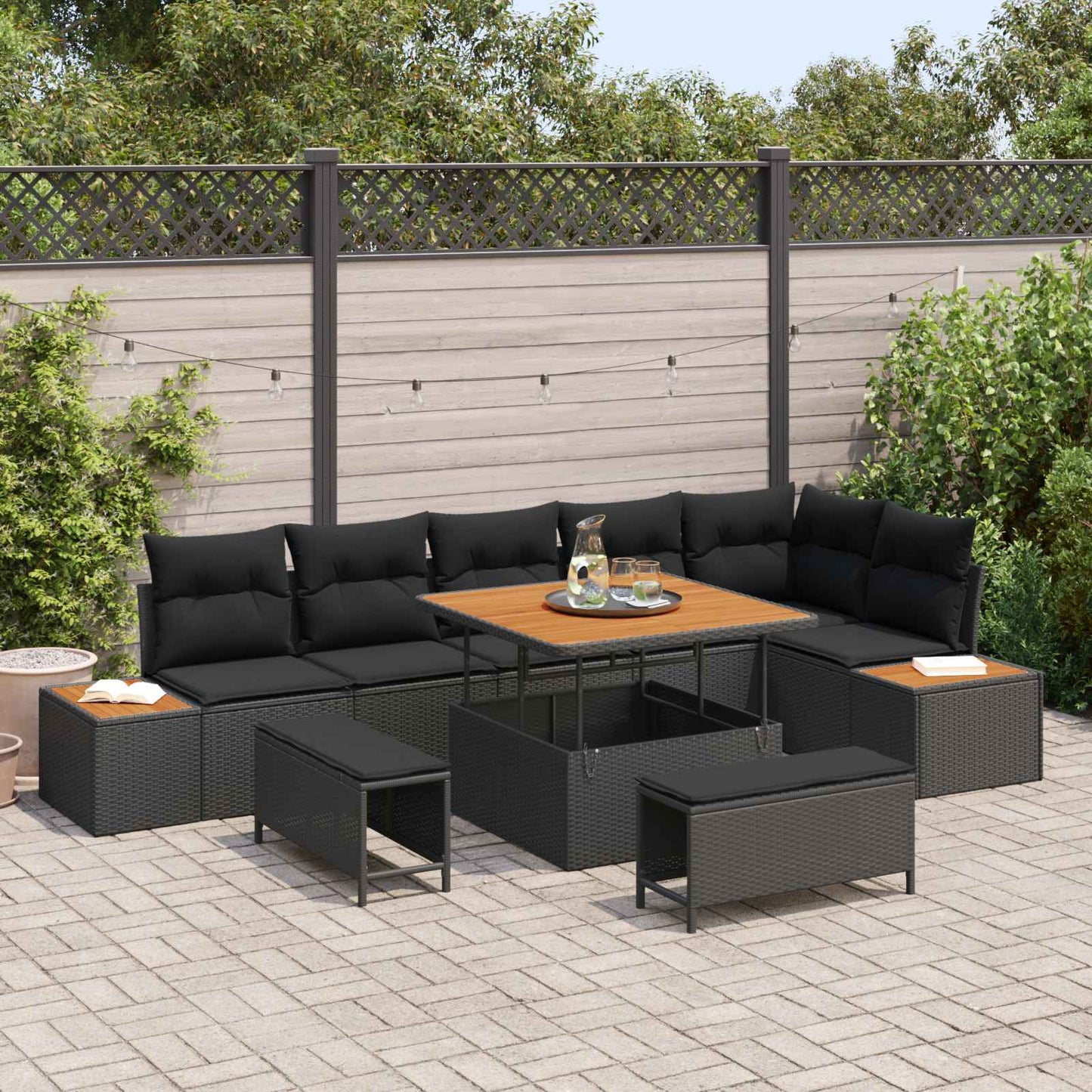 Set Divano da Giardino con cuscino 9 pcs Nero | homemem39