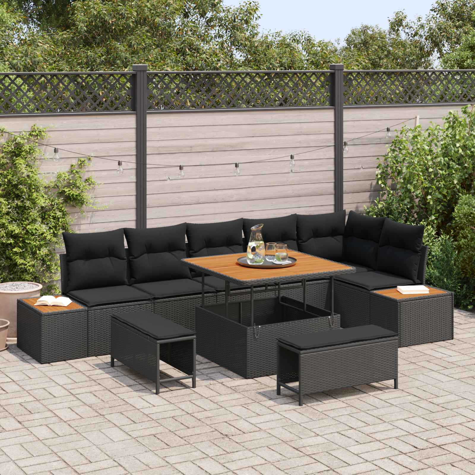 Set Divano da Giardino con cuscino 9 pcs Nero | homemem39
