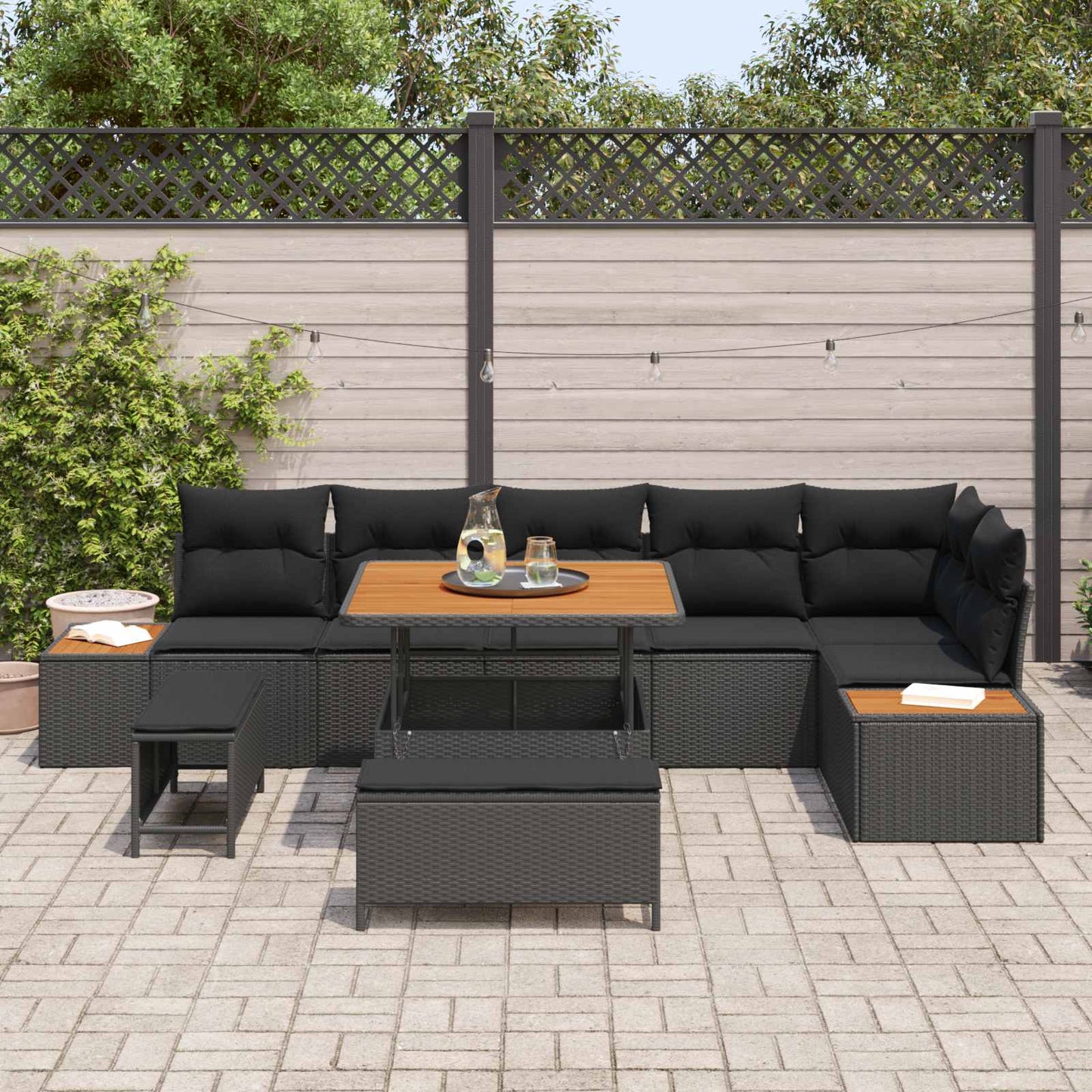 Set Divano da Giardino con cuscino 9 pcs Nero | homemem39