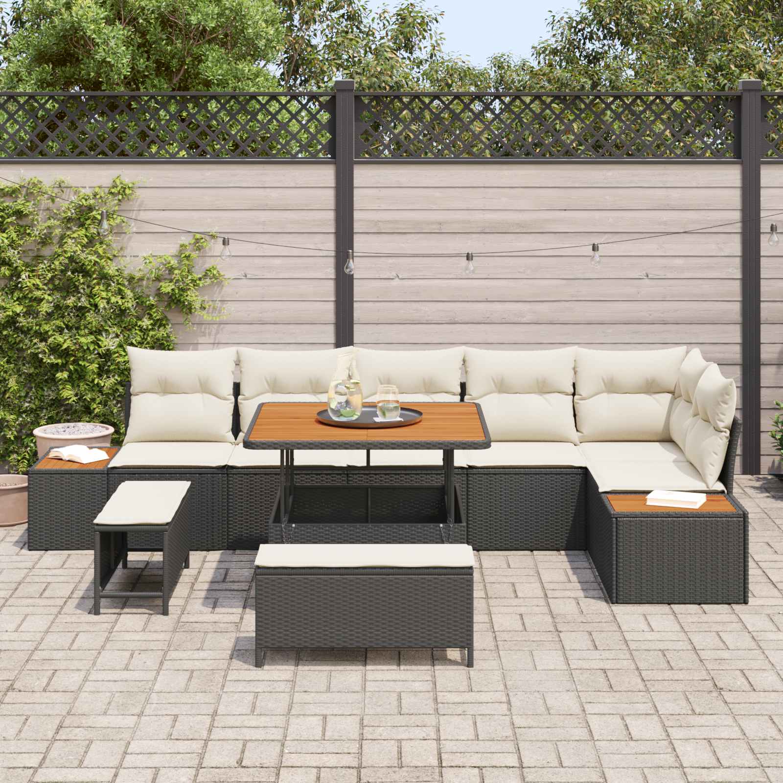 Set Divano da Giardino con cuscino 9 pcs Nero e Crema | homemem39