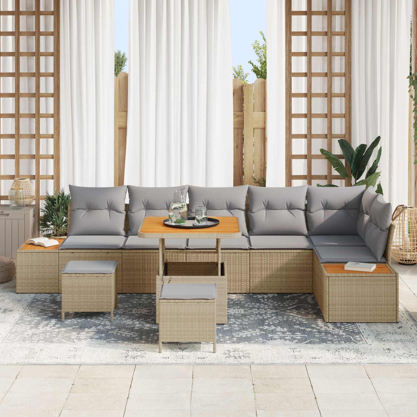 Set Divano da Giardino con cuscino 9 pcs Beige e Grigio Chiaro | homemem39